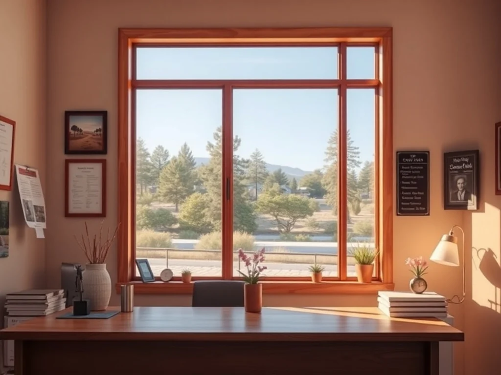 A warm small-town insurance agency office with tall Ponderosa pines through the window