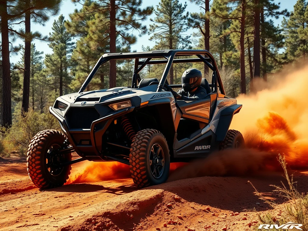 Side-by-side UTV on a forest dirt trail through the ponderosa pines near Happy Jack, Arizona