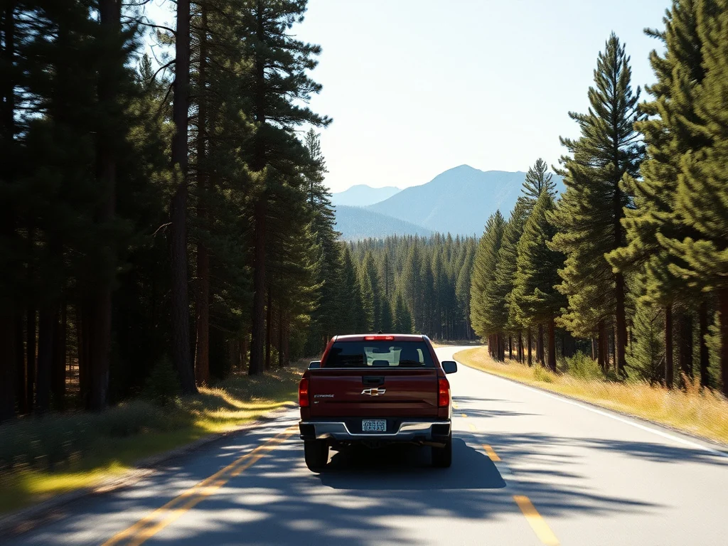 Pickup truck driving a pine-lined forest highway through the rim country near Happy Jack, Arizona