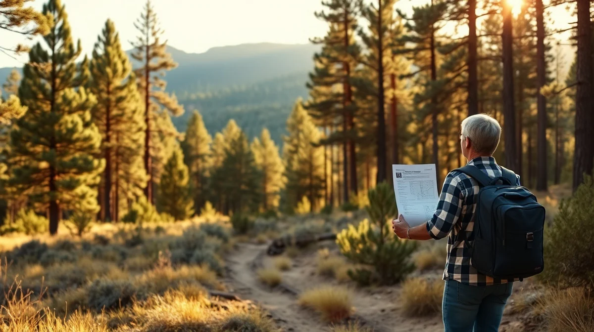 Person walking a forested vacant parcel holding property papers among tall pines