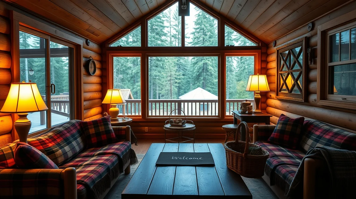 Cozy vacation-rental cabin interior set up and ready for guests in the pines