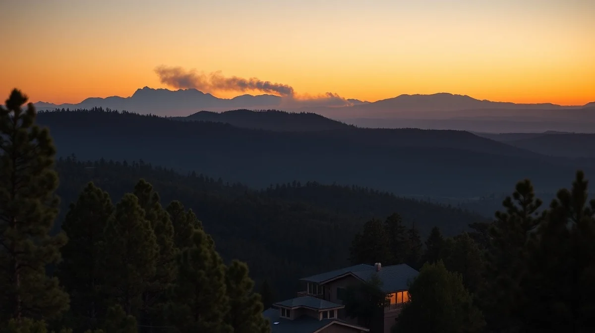 Ponderosa pine forest with distant wildfire smoke rising over a rim-country ridge