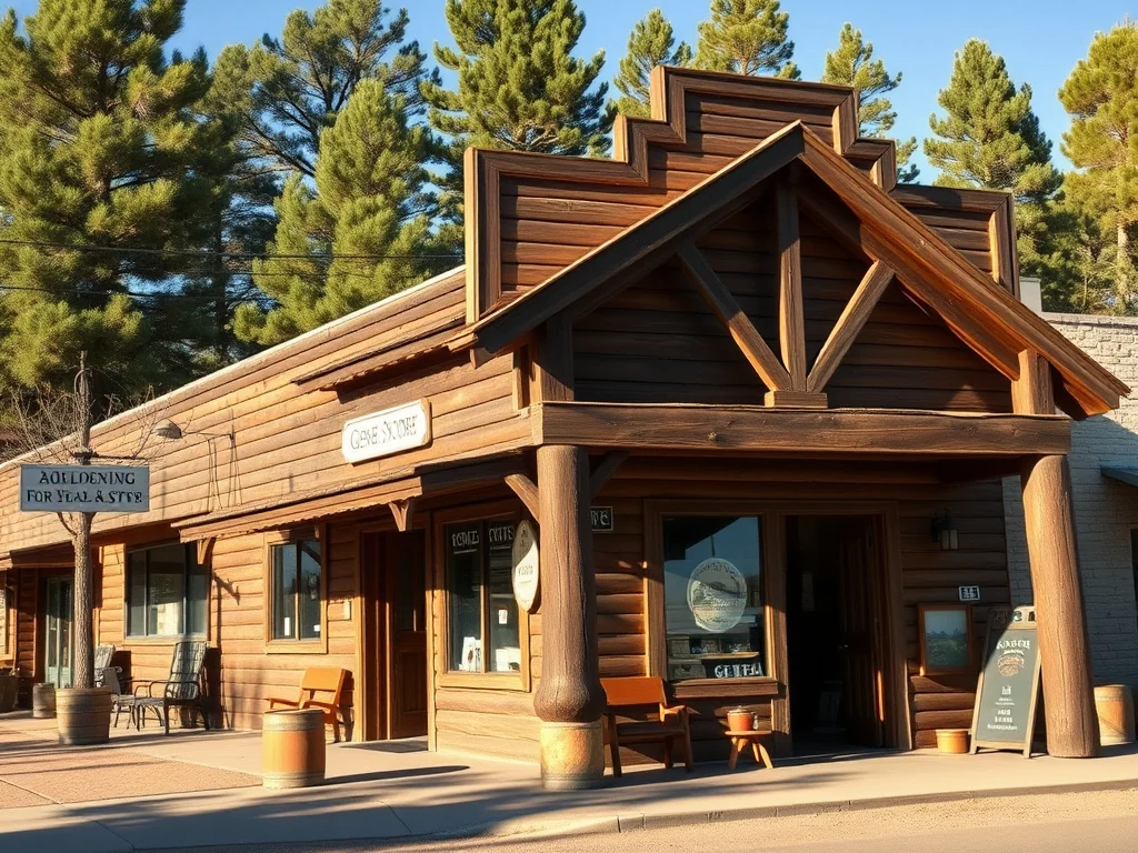 Rustic small-town main-street store in an Arizona pine community under tall Ponderosas