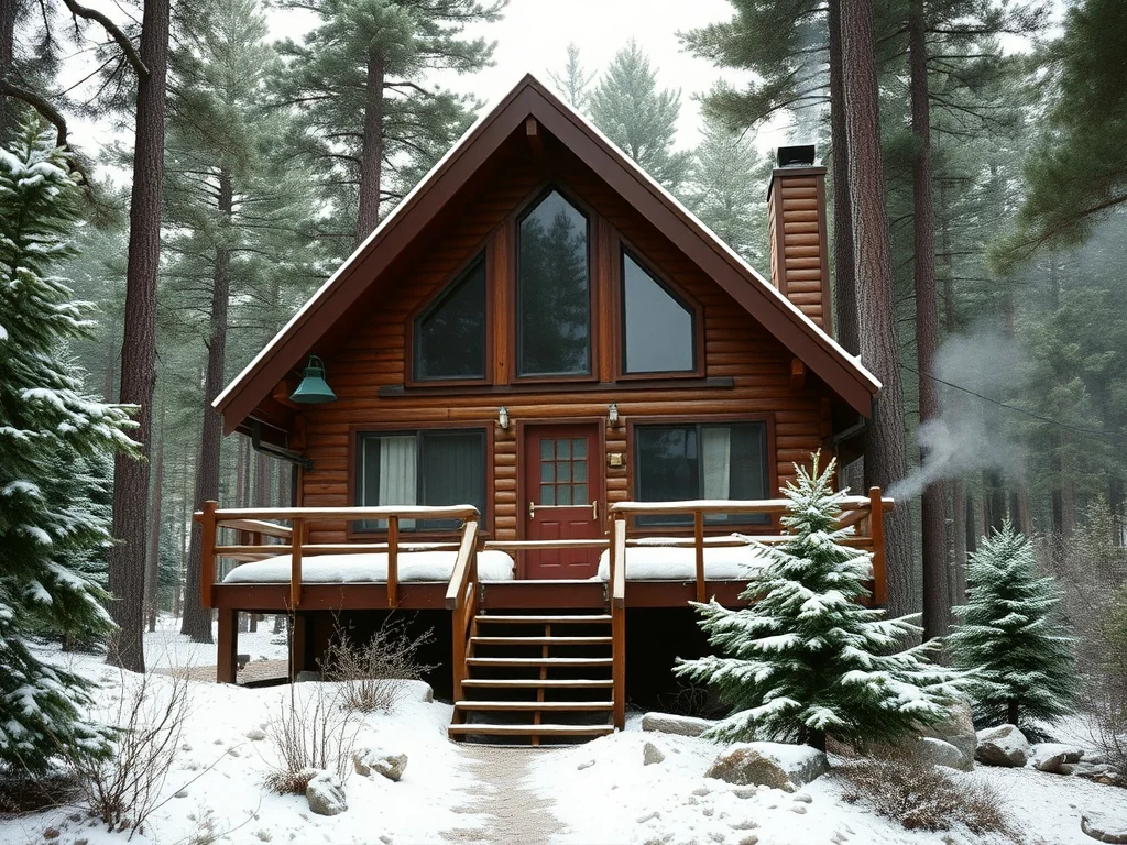 A-frame log cabin among snow-dusted Ponderosa pines in the Arizona rim country