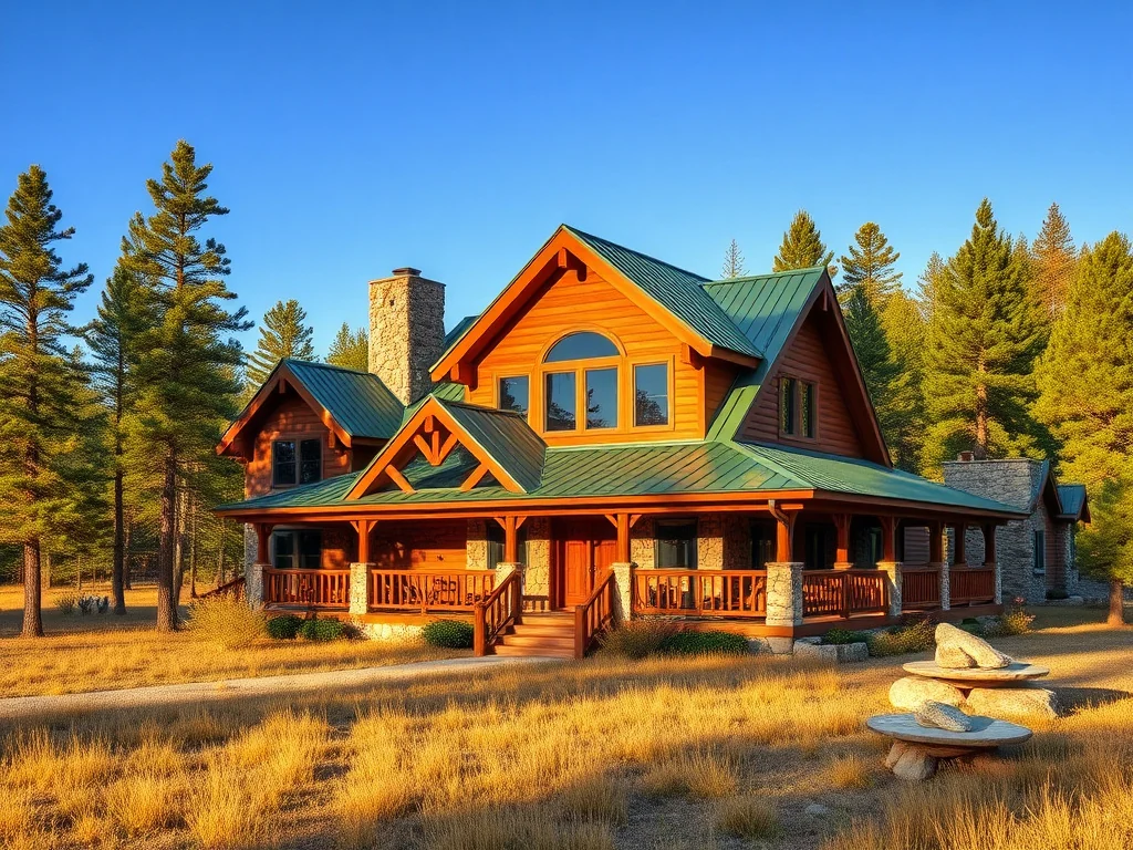 Timber-and-stone home tucked among tall Ponderosa pines in the Arizona rim country under a blue mountain sky