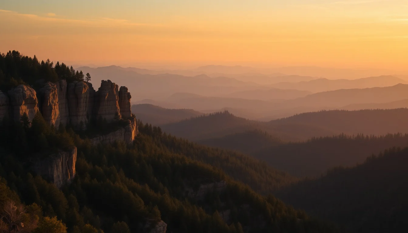 The Mogollon Rim escarpment glowing at sunrise over pine-covered ridges