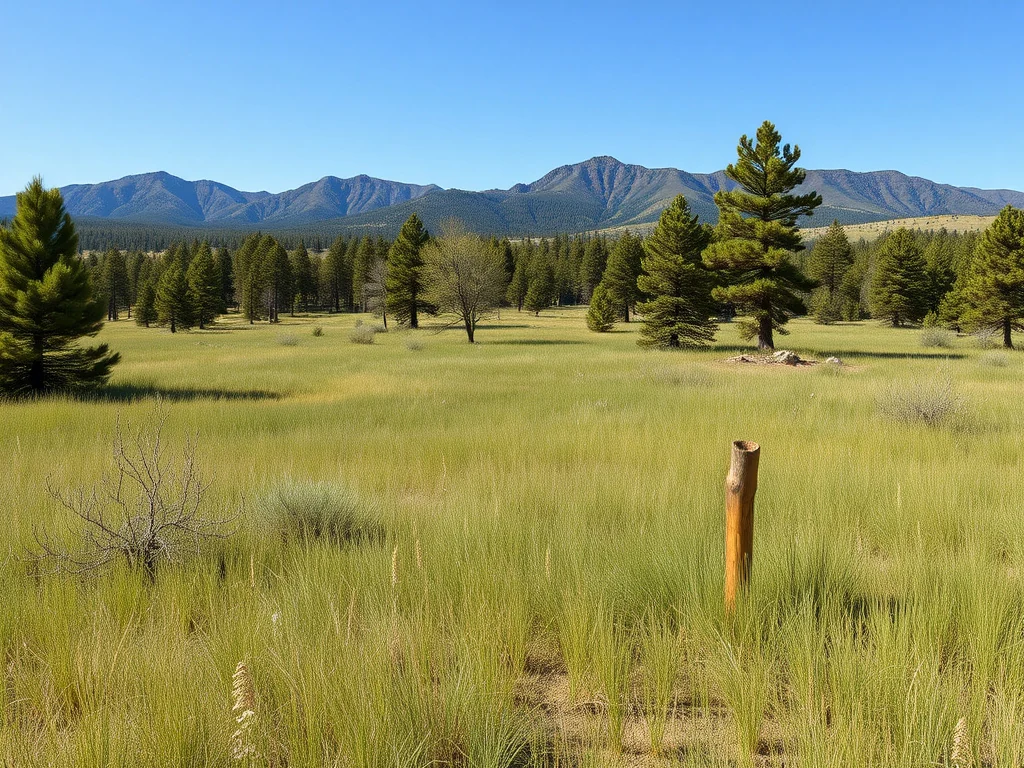 Open forest meadow lot for sale in the Ponderosa pines with a survey stake marking the parcel corner