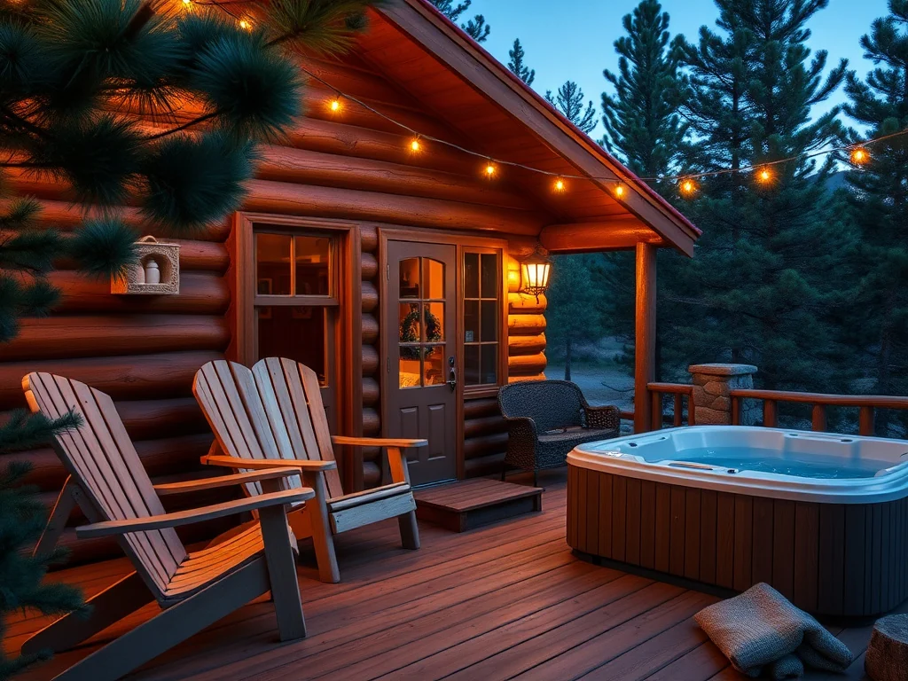Cozy rim-country cabin porch with rocking chairs and string lights set up to welcome guests